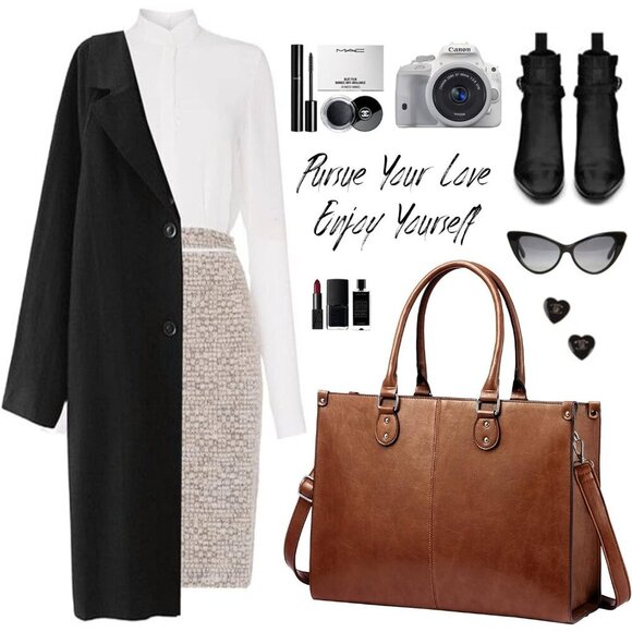 Women's Brown 15.6 inch vintage vegan leather and high-density Tote Bag - Picture 8 of 8